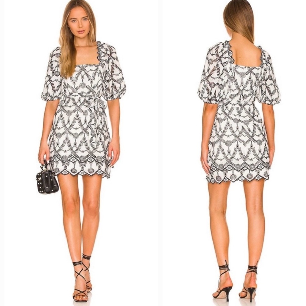 MINKPINK White Mini Dress with Black Lace-Pattern Puff Sleeves